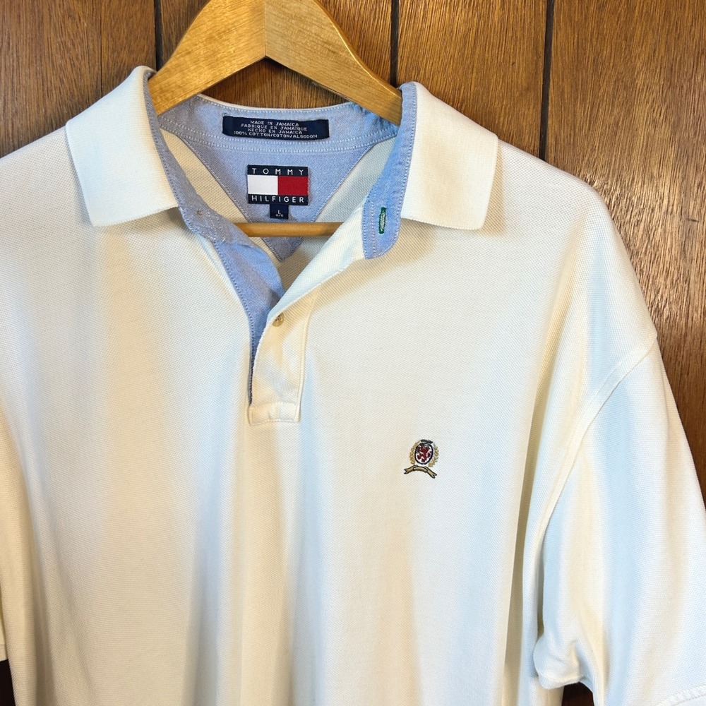 Tommy Hilfiger Mens Polo Shirt L Cream White Short Sleeve Logo‎ Cotton Jamaica
